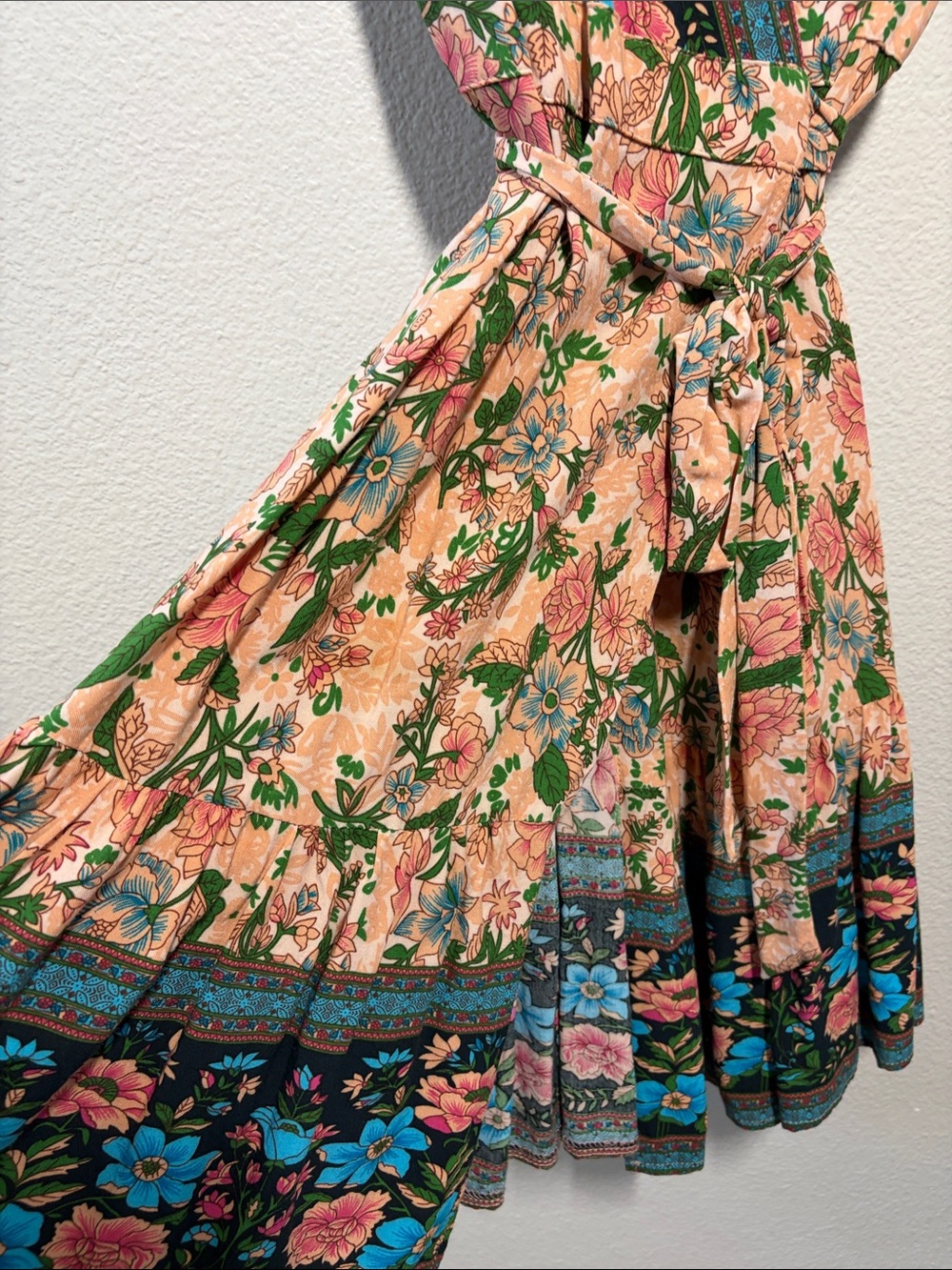 Floral V-Neck Mini Dress in Peach with Blue Accents - Picture 5 of 7